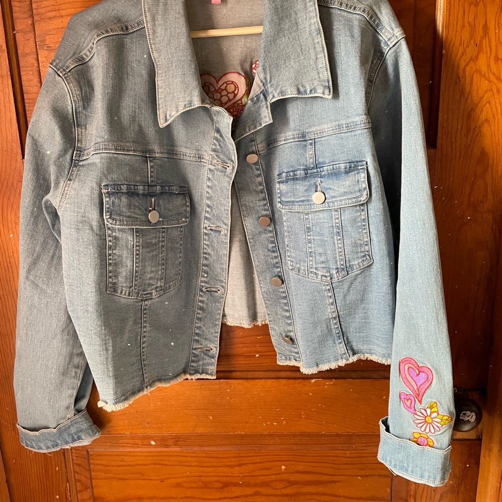 Embroidered Denim Jacket with Heart and Flower Design